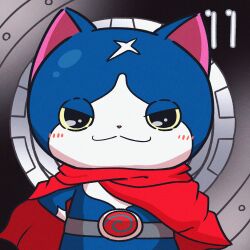 absurdres belt blue_fur blush cape fuyunyan highres looking_at_viewer no_humans red_cape solo suzu_youkai two-tone_fur white_fur youkai_(youkai_watch) youkai_watch