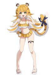 1girl absurdres animal_ear_fluff animal_ears bikini blonde_hair green_eyes highres jacket ju_fufu long_hair looking_at_viewer multicolored_hair ningmeng_zizi open_mouth sandals shorts simple_background smile solo swimsuit tail tiger_ears tiger_girl tiger_tail white_background zenless_zone_zero