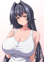 1girl absurdres bare_arms black_hair blush breasts cleavage collarbone commentary_request dark_skin gradient_background highres large_breasts long_hair looking_at_viewer mature_female one-piece_swimsuit original pink_background sidelocks simple_background smile solo steam_erobou swimsuit upper_body white_one-piece_swimsuit