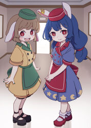 Rule 34 | 2girls, absurdres, animal ears, black shoes, blonde hair, blue dress, blue hair, blush, closed mouth, crescent print, dress, green headwear, hat, highres, kame (kamepan44231), long hair, looking at viewer, multiple girls, open mouth, rabbit ears, red eyes, red headwear, red shoes, ringo (touhou), seiran (touhou), shoes, short sleeves, smile, socks, star (symbol), star print, teeth, touhou, upper teeth only, white socks, yellow dress