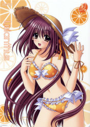 Rule 34 | 00s, 1girl, bikini, blush, bow, breasts, brown eyes, cleavage, cowboy shot, female focus, food, food-themed clothes, food print, frilled bikini, frills, fruit, fruit print, hat, lisianthus, long hair, medium breasts, nishimata aoi, official art, orange (fruit), orange bikini, orange print, orange slice, orange theme, pointy ears, purple hair, shuffle!, solo, straw hat, swimsuit, very long hair