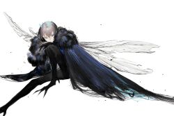 1boy :/ black_coat blue_eyes closed_mouth coat commentary expressionless fate/grand_order fate_(series) grey_hair hair_between_eyes highres insect_wings male_focus mao_rongrong_huli_chu oberon_(fate) oberon_(third_ascension)_(fate) short_hair simple_background sitting solo torn_wings white_background wings