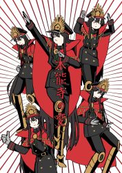 1girl bad_tag black_hair boots buttons cape chain collared_cape crest family_crest fate/grand_order fate_(series) gloves gold_boots gold_chain goma1021 grey_gloves hat highres long_hair oda_nobunaga_(fate) red_cape sidelocks thumbs_up