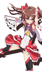 1girl adapted_costume alternate_costume alternate_hairstyle armor ascot black_thighhighs bodysuit bow brown_eyes brown_hair cosplay covered_navel cowboy_shot derivative_work detached_sleeves evandragon faulds female_focus flat_chest floating_hair frilled_skirt frills gohei greaves grin hair_between_eyes hair_bow hair_up hakurei_reimu haraegushi highres holding legs_apart leotard looking_at_viewer magical_girl mitsuka_souji nontraditional_miko ofuda oonusa ore_twintail_ni_narimasu outstretched_arm parody ribbon ribbon-trimmed_sleeves ribbon_trim sarashi school_swimsuit shadow showgirl_skirt simple_background skinny skirt smile solo swimsuit tailred tailred_(cosplay) thighhighs touhou twintails white_background wide_sleeves yin_yang