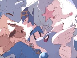 1girl blue_hair blue_pants bracelet brown_hair closed_eyes closed_mouth dragonair eevee gen_1_pokemon gen_7_pokemon hat head_wings highres horns jewelry lana_(pokemon) lapras nintendo open_mouth pants pokemon pokemon_(anime) pokemon_(creature) pokemon_sm_(anime) primarina purple_eyes shirt single_horn smile soke_sa starfish_hair_ornament white_shirt wings