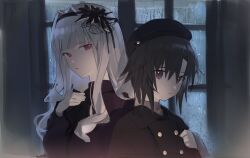 Rule 34 | 2girls, asymmetrical bangs, beret, black dress, black eyes, black hair, black hairband, blunt bangs, buttons, closed mouth, curtains, double-breasted, dress, expressionless, eyelashes, flower, hair flower, hair intakes, hair ornament, hairband, hand on own chest, hat, idolmaster, idolmaster (classic), idolmaster million live!, idolmaster million live! theater days, indoors, kikuchi makoto, long hair, long sleeves, looking at viewer, messy hair, multiple girls, parted bangs, parted lips, rain, red eyes, shijou takane, short hair, turtleneck, upper body, vickyycy99, water drop, wavy hair, white hair, window