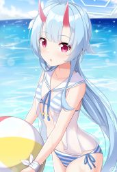 alternate_costume alternate_hairstyle ball beachball bikini blue_archive blush breasts chise_(blue_archive) chise_(swimsuit)_(blue_archive) collarbone commentary english_commentary enru hair_between_eyes halo highres horns loli long_hair ocean oni_horns red_eyes sky small_breasts striped_bikini striped_clothes swimsuit