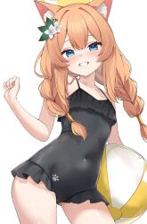 1girl animal_ear_fluff ball beachball black_one-piece_swimsuit blue_archive braid casual_one-piece_swimsuit flower frilled_one-piece_swimsuit frills hair_flower hair_ornament halo highres holding holding_ball loli looking_at_viewer low_twin_braids mari_(blue_archive) mari_(swimsuit)_(blue_archive) official_alternate_costume one-piece_swimsuit orange_hair paw_print smile solo swimsuit twin_braids white_background white_flower yellow_halo zarashi