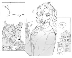 3girls ? ?? ^_^ animal_ears arm_up blank_speech_bubble blonney braces clenched_hand closed_eyes coat collared_shirt creature deer_ears deer_girl fairy greyscale hand_up holding holding_creature ing_(ing205509) jessica_(reverse:1999) jewelry lineart long_hair looking_at_viewer monochrome multiple_girls necklace notice_lines open_mouth outstretched_hand retro_artstyle reverse:1999 shirt smile speech_bubble spoken_question_mark thought_bubble thumbs_up tooth_fairy_(reverse:1999) tooth_necklace white_background