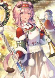 1boy 1girl :d animal_ears arknights black_skirt blue_bow blue_hair blue_headwear blush bow bracelet braid capelet cat_ears cat_girl cat_tail cowboy_shot dual_wielding floppy_ears floral_print flower goldenglow_(arknights) goldenglow_(maiden_for_the_bright_night)_(arknights) green_bow green_sweater_vest hairband highres holding holding_instrument holding_staff horn_(instrument) infection_monitor_(arknights) instrument jewelry layered_sleeves long_hair looking_at_viewer mizuki_(arknights) multicolored_bow official_alternate_costume open_mouth pi_(p77777778) pink_hair poinsettia print_hairband red_bow red_capelet red_hairband red_shirt shirt skirt smile solo_focus staff string_lights sweater_vest tail wreath yellow_eyes