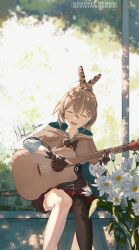 1girl :d acoustic_guitar ahoge belt brown_capelet brown_cloak brown_corset capelet cloak closed_eyes corset daisy_(flower) dappled_sunlight facing_viewer feather_hair_ornament feathers flower gloves guitar hair_ornament highres holding holding_guitar holding_instrument hololive hololive_english instrument knees_together_feet_apart m4chi multicolored_hair music nanashi_mumei nanashi_mumei_(1st_costume) open_mouth outdoors partially_fingerless_gloves playing_instrument pleated_skirt railing red_skirt shirt single_thighhigh sitting skirt smile solo streaked_hair sunlight thighhighs tree tree_shade typo virtual_youtuber white_shirt
