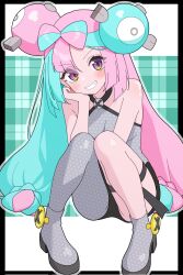 1girl bare_shoulders blue_hair blush bow-shaped_hair breasts character_hair_ornament grey_pantyhose hair_ornament hexagon_print highres iono_(pokemon) long_hair looking_at_viewer medium_breasts multicolored_hair nintendo odorukaminoke open_mouth pantyhose pink_eyes pink_hair pokemon pokemon_sv sharp_teeth single_leg_pantyhose smile solo split-color_hair teeth two-tone_hair