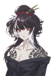 1girl absurdres black_hair black_kimono breasts cleavage cosplay frostfiresoul hair_bun hair_ornament hair_stick highres irezumi japanese_clothes jia_xichun_(project_moon) kimono limbus_company looking_at_viewer multicolored_hair off_shoulder project_moon red_eyes sayo_(project_moon) sayo_(project_moon)_(cosplay) shoulder_tattoo simple_background solo streaked_hair tattoo upper_body white_background white_hair