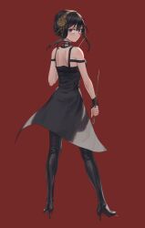 1girl bare_shoulders black_boots black_dress black_hair boots breasts dagger dress earrings flower full_body gold_earrings gold_hairband hair_ornament hairband high_heel_boots high_heels highres holding holding_dagger holding_knife holding_weapon jewelry knife long_hair looking_at_viewer max-k red_background red_eyes reverse_grip sidelocks simple_background solo spy_x_family stiletto_(weapon) thigh_boots weapon yor_briar
