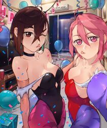 animal_print ayase_momo balloon bare_shoulders bat_print black_leotard breasts brown_eyes brown_hair cesar_art456 cleavage collarbone commentary_request confetti cosplay cowboy_shot dandadan highres indoors leotard lilith_(darkstalkers) lilith_(darkstalkers)_(cosplay) medium_breasts missing_commentary morrigan_aensland morrigan_aensland_(cosplay) one_eye_closed pantyhose pink_eyes pink_hair print_pantyhose purple_pantyhose red_leotard selfie shiratori_aira_(dandadan) short_hair tongue tongue_out watermark