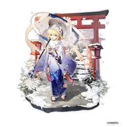 1girl animal_ear_fluff animal_ears architecture arin_(fanfan013) ash_arms b-4_(ash_arms) bag beret blonde_hair blue_bag blue_eyes blue_hat blue_kimono blue_ribbon blue_umbrella bow brown_sandals cat_ears cherry_blossoms commentary_request copyright_notice cross-laced_clothes cross-laced_sleeves east_asian_architecture flower footwear_flower frilled_hairband frills full_body fur_scarf gradient_clothes gradient_kimono hair_bow hair_ornament hairband hat highres holding holding_bag holding_umbrella japanese_clothes kimono lantern light_blush long_sleeves looking_ahead medium_hair official_alternate_costume official_art oil-paper_umbrella okobo open_mouth outstretched_arm pink_flower plant platform_sandals pom_pom_(clothes) ribbon sandals scarf simple_background sleeve_ribbon smile snow snowing snowman socks solo stairs standing star_(symbol) star_hair_ornament tabi torii two-tone_umbrella umbrella white_background white_bow white_hairband white_scarf white_socks white_umbrella wide_sleeves yukata