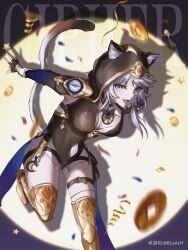 1girl absurdres animal_ear_fluff animal_ears animal_hood belt black_gloves black_leotard bleach_(182716350) blue_eyes boots breasts cat_ears cat_girl cat_hood cat_tail character_name chinese_commentary cipher_(honkai:_star_rail) cleavage coin commentary_request fingerless_gloves gloves gold_boots gold_coin grey_hair highres honkai:_star_rail honkai_(series) hood leotard medium_breasts miyoushe_watermark short_hair_with_long_locks solo spotlight tail thigh_belt thigh_boots thigh_strap thighs watermark
