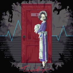 1girl apron black_hair black_shoes blanket cardiogram character_name door dress from_side full_body hair_over_one_eye holding holding_blanket long_dress looking_at_viewer maid_headdress one_eye_closed pixel_art purple_dress reverse:1999 shoes short_hair signature solo soncak standing swaddled tuesday_(reverse:1999) white_apron