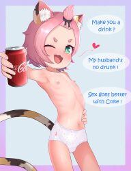1girl :3 animal_ears arched_back blue_background blush border can cat_ears cat_girl cat_tail coca-cola collarbone cowboy_shot diona_(genshin_impact) dot_nose drink_can emaciated english_text eyebrows eyelashes fangs female_focus fingernails flat_chest from_side genshin_impact green_eyes hand_on_own_stomach kommandoh looking_at_viewer looking_to_the_side mihoyo nail_polish navel nipples nose_blush one_eye_closed open_mouth outstretched_arm panties pink_hair pink_nails pov purple_border ribs short_hair simple_background smile soda soda_can solo standing tail thick_eyebrows topless_female underwear underwear_only variant_set white_panties wink