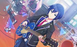 Rule 34 | 1boy, 2girls, aqua hair, black jacket, black pants, black thighhighs, blue eyes, blue hair, classroom, closed mouth, collared shirt, colorful palette, dress, drum, drum set, dutch angle, guitar, hair between eyes, hatsune miku, holding, holding guitar, holding instrument, instrument, jacket, kaito (vocaloid), knock the future!! (project sekai), lapels, leo/need kaito, leo/need luka, leo/need miku, long hair, megurine luka, multicolored hair, multiple girls, necktie, notched lapels, official art, out of frame, pants, pink hair, pink necktie, project sekai, shirt, shoes, short hair, smile, solo focus, streaked hair, thighhighs, third-party source, tie clip, triangle, vocaloid, white shirt, white shoes