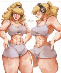 abs blonde_hair bon_drawr breasts hands_on_own_hips headphones large_breasts looking_to_the_side magik_(x-men) marvel marvel_rivals multiple_views muscular muscular_female non-web_source piercing ponytail simple_background sports_bra sportswear thick_thighs thighs wide_hips x-men