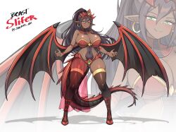 1girl absurdres artist_name black_thighhighs blush boots breasts character_name cleavage closed_mouth collarbone covered_navel crown curvy dark-skinned_female dark_skin detached_collar dragon_girl dragon_tail dragon_wings duel_monster ear_piercing earrings full_body gluteal_fold green_eyes high_ponytail highres huge_breasts humanization jarckius jewelry knee_boots long_hair looking_at_viewer original osiris_the_sky_dragon pelvic_curtain personification piercing ponytail purple_hair red_boots red_crown red_nails smile solo standing tail thick_thighs thighhighs thighs very_long_hair wings yu-gi-oh!