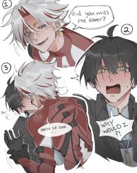 2boys ^^^ absurdres antenna_hair back black_gloves black_hair black_jacket blush bodysuit coat collared_jacket commentary drooling ear_piercing english_commentary english_text french_kiss gloves grey_eyes grey_hair grey_shirt hair_between_eyes hand_up heterochromia highres holding_another&#039;s_wrist jacket jewelry kiss long_sleeves male_focus male_rover_(wuthering_waves) mandarin_collar mellowtii multicolored_hair multiple_boys multiple_views necklace numbered open_clothes open_jacket open_mouth piercing red_coat red_eyes red_hair rover_(wuthering_waves) scar_(wuthering_waves) shirt simple_background smile speech_bubble sweatdrop sword_earrings t-shirt teeth two-tone_hair upper_body v-shaped_eyebrows white_background white_bodysuit wuthering_waves yaoi yellow_eyes