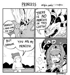 1boy 1girl 4koma alexstrasza blush castle cloud comic dragon english_text fangs greyscale highres horns humanization monochrome monster_girl mountainous_horizon sky speech_bubble ssambatea sword tiara transformation warcraft weapon world_of_warcraft