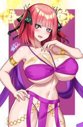 1girl absurdres alternate_costume arabian_clothes armlet armpits bare_arms bare_hips bare_legs bare_shoulders barefoot black_ribbon blue_eyes bob_cut breast_tattoo breasts butterfly_hair_ornament chest_tattoo cleavage collarbone cross-shaped_pupils curvy dancer go-toubun_no_hanayome gold_armlet groin hair_ornament hair_ribbon halo hand_on_own_chest hand_on_own_hip harem_outfit highleg highleg_panties highres hip_bones jewelry large_breasts nakano_nino navel nez-box panties pelvic_curtain red_hair revealing_clothes ribbon shiny_skin solo stomach symbol-shaped_pupils tattoo thick_thighs thighs two_side_up underboob underwear wide_hips yellow_halo