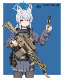 1girl absurdres animal_ear_fluff animal_ears artist_name assault_rifle belt belt_pouch black_gloves black_pantyhose blue_archive blue_background blue_cardigan blue_eyes blue_hair blue_halo blue_neckerchief blue_ribbon blue_sailor_collar blue_skirt border borrowed_character buckle bulletproof_vest carabiner cardigan chinese_commentary closed_mouth collarbone commentary_request commission cowboy_shot dated drone earpiece english_text fox_ears fox_girl gloves gun gun_sling halo handgun highres holding holding_gun holding_weapon holster kochiya_tenko laser_sight light_frown load_bearing_vest long_hair long_sleeves magazine_(weapon) neckerchief original pantyhose pixiv_commission pleated_skirt ponytail pouch revolver ribbon rifle sailor_collar school_uniform scope serafuku sidelocks sig_mcx sig_sauer skirt snap-fit_buckle solo suppressor tactical_clothes tactical_school_uniform unworn_gloves vertical_foregrip walkie-talkie weapon white_border