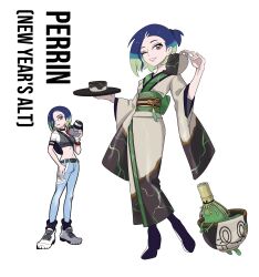 1girl absurdres alternate_costume blue_hair brown_eyes character_name commentary english_commentary green_hair highres holding holding_plate holding_teapot japanese_clothes kimono multicolored_hair new_year nintendo one_eye_closed parted_lips perrin_(pokemon) plate pokemon pokemon_(creature) pokemon_sv reference_inset rhymewithray short_hair simple_background sinistcha teapot teeth white_background