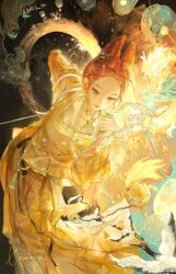 1girl absurdres artist_name bird black_background bow-shaped_hair bracelet brown_hair chinese_clothes chinese_commentary closed_mouth commentary_request commission commissioner_name crane_(animal) double_bun dragon eastern_dragon embers eyelashes facial_mark feet_out_of_frame fire forehead forehead_mark hair_bun highres jewelry lantern lipstick long_skirt long_sleeves makeup necklace orange_eyes original paper_lantern pink_lips pleated_skirt sample_watermark shirt short_hair skirt smile solo watermark wide_sleeves xuanx yellow_shirt yellow_skirt