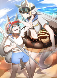 2girls absurdres ahoge alternate_costume alternate_hairstyle animal_ears arm_up beach bikini black_bikini blue_eyes blue_headwear blue_shorts blue_sky breasts cleavage closed_mouth commentary_request ear_ornament feet_out_of_frame grey_hair highres holding holding_swim_ring holding_umbrella horse_ears horse_girl horse_tail innertube janome_de_omukae large_breasts long_hair multicolored_hair multiple_girls oguri_cap_(umamusume) open_clothes open_mouth open_shirt outdoors ponytail sand shirt short_sleeves shorts sky smile snorkel streaked_hair swim_ring swimsuit tail tamamo_cross_(umamusume) tied_shirt umamusume umbrella visor_cap water white_shirt