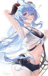 ! 1girl absurdres ahoge alternate_costume arm_behind_head bikini bikini_top_only black_bikini black_shorts blue_hair blush breasts cleavage commentary contemporary cowboy_shot denim denim_shorts english_commentary eyewear_on_head ganyu_(genshin_impact) genshin_impact goat_horns hair_between_eyes hand_up harukix highres horns large_breasts long_hair looking_at_viewer multicolored_eyes navel open_fly open_mouth purple_eyes shirt shorts signature solo stomach sunglasses sweat swimsuit thighs tied_shirt two-tone_eyes very_long_hair white_shirt yellow_eyes