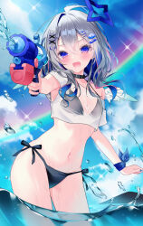 1girl :d absurdres ahoge alternate_costume amane_kanata angel_wings bear_hair_ornament bikini bikini_under_clothes black_bikini blue_hair blue_nails blue_sky blue_wings character_hair_ornament closed_eyes colored_inner_hair commentary_request cropped_shirt crossed_bangs day feathered_wings gradient_wings grey_hair hair_between_eyes hair_ornament hairclip halo highres holding holding_water_gun hololive long_hair looking_at_viewer mini_wings multicolored_hair multicolored_wings nail_polish navel official_alternate_hairstyle open_mouth outdoors outstretched_arm partially_underwater_shot pink_hair purple_eyes rainbow see-through_clothes see-through_shirt shirt side-tie_bikini_bottom sidelocks single_hair_intake sky smile solo star_halo stomach streaked_hair swimsuit t-shirt upao_(amane_kanata) ureinnn virtual_youtuber wading water_gun wet wet_clothes wet_shirt white_shirt white_wings wings x_hair_ornament