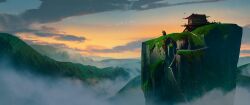 1boy architecture bird building cane cliff cloud day east_asian_architecture fog grass holding holding_cane horizon hunched_over jacki_li landscape mountain mountainous_horizon nature old old_man original outdoors scenery silhouette sky solo standing sunset wide_shot