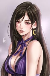 1girl bare_shoulders black_hair blush breasts cleavage collarbone commentary commission crescent crescent_earrings dress earrings english_commentary final_fantasy final_fantasy_vii final_fantasy_vii_remake gold_earrings gradient_background grey_background hair_behind_ear highres jewelry large_breasts lips long_hair looking_at_viewer neck_ribbon official_alternate_costume parted_lips pink_lips purple_dress purple_ribbon red_eyes ribbon shanderzone sign single_earring single_sidelock solo swept_bangs tifa_lockhart tifa_lockhart_(refined_dress) upper_body