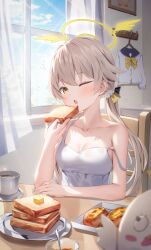 1girl arm_on_table armpit_crease blue_archive blurry blurry_foreground blush bread bread_slice breasts butter cardigan cleavage clothes coffee_mug collarbone commentary_request cup curtains day dress eating elbow_on_table food hair_between_eyes hair_flaps hair_ornament halo hifumi_(blue_archive) highres holding holding_food indoors light_brown_hair light_rays long_hair looking_at_viewer low_twintails medium_breasts morning mug one_eye_closed open_mouth peroro_(blue_archive) plate shuvi_(shuvi1125) sleepy sleeveless sleeveless_dress solo squeans strap_slip sunbeam sunlight toast twintails white_cardigan white_dress window wing_hair_ornament winged_halo yellow_eyes yellow_halo