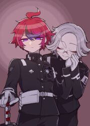 2boys ahoge aotsuki_eito armband belt belt_pouch black_pants black_streaks blue_eyes brown_background chiyo408 closed_eyes cowboy eyeliner gakuran glasses gloves grey_hair hand_on_another&#039;s_cheek hand_on_another&#039;s_face hand_on_another&#039;s_hand hand_on_another&#039;s_waist holding holding_sword holding_weapon hole_in_chest hole_on_body last_defense_academy_school_uniform light_blush looking_at_viewer makeup male_focus multicolored_hair multiple_boys pants pouch red_eyeliner red_hair school_uniform short_hair simple_background smile streaked_hair sumino_takumi sword the_hundred_line_-last_defense_academy- twitter_username weapon western white_armband white_belt white_gloves yaoi