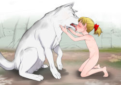 1boy 1girl animal bad_id bad_pixiv_id barefoot bestiality blonde_hair blush bow closed_eyes completely_nude dog female_focus flat_chest french_kiss full_body hair_bow hair_ornament hair_tied happy hetero j7w kiss kissing_animal kneeling legs loli medium_hair nature nude on_ground original outdoors ponytail public_indecency red_hair_bow saliva smile solo_focus sweat tongue tongue_out uncensored wolf zenra