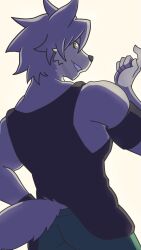 1boy absurdres animal_ears armband black_shirt black_tank_top commentary_request dog_boy dog_ears dog_tail from_behind furry furry_male highres kouya_aotsuki looking_at_viewer looking_back male_focus morenatsu shirt sleeveless sleeveless_shirt smile tail tank_top totoken_030 white_background wristband