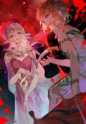 2girls an_(bfzann) armlet armor bare_shoulders blonde_hair blood circlet commentary_request dagger dark_persona dress dual_persona earrings evil_smile floating_hair highres jewelry knife long_hair looking_at_viewer moon multiple_girls nintendo pauldrons pink_dress pointy_ears princess_zelda red_eyes red_moon short_hair short_sleeves shoulder_armor sitting smile staff strapless strapless_dress the_legend_of_zelda the_legend_of_zelda:_echoes_of_wisdom the_legend_of_zelda:_tears_of_the_kingdom weapon white_dress