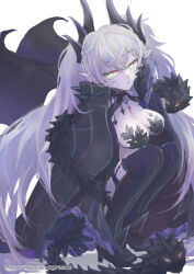 1girl black_boots black_cloak black_panties body_markings boots breasts choker cloak crossed_bangs demon_girl demon_horns demon_wings ear_piercing fate/grand_order fate_(series) green_eyes grey_hair hair_between_eyes highres horns lilith_(fate) long_hair looking_at_viewer medium_breasts navel panties piercing pobiscqcqp38813 pointy_ears snake solo squatting stomach_tattoo tattoo thigh_boots twintails underwear very_long_hair wings