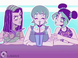 3girls animated animated_gif artist_name black_hair breasts closed_eyes commentary cup double_bun dreadlocks drink drinking drinking_straw english_commentary ermes_costello eyes_visible_through_hair foo_fighters_(jojo) green_eyes green_hair green_lips hair_bun hajnarus jojo_no_kimyou_na_bouken kuujou_jolyne lipstick long_hair looping_animation makeup multiple_girls plankton short_hair stone_ocean upper_body