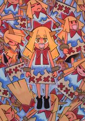 1girl :&lt; :d =_= absurdres black_boots blonde_hair blue_dress boots bow bowtie brown_horns closed_eyes closed_mouth commentary cuffs dress hair_bow highres horns ibuki_suika inuyama_konan long_hair multiple_views open_mouth orange_eyes red_bow red_bowtie shackles sharp_teeth sleeveless sleeveless_dress slit_pupils smile teeth touhou u_u wide-eyed