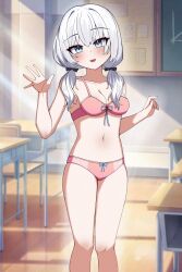1girl ars_almal blue_eyes blush blush_stickers bow bra chair classroom commission desk eyebrows eyelashes hair_bow hair_ribbon highres indoors knee_up knees_up light_rays looking_at_viewer nijisanji nose open_mouth panties pink_bra pink_panties ribbon saruneo shadow smile solo standing sunlight thighs twintails underwear underwear_only virtual_youtuber white_hair