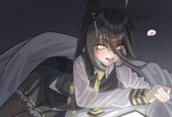 1girl ahoge animal_ears black_choker black_hair black_pantyhose black_skirt black_vest buckwheat638478 choker collared_shirt hair_between_eyes heart highres horse_ears horse_girl japanese_clothes kimono long_bangs long_hair long_hair_between_eyes long_sleeves looking_at_viewer lying manhattan_cafe_(umamusume) multicolored_hair necktie on_side open_clothes open_kimono pantyhose pleated_skirt shirt skirt solo speech_bubble spoken_heart tongue tongue_out umamusume under_covers very_long_hair vest white_hair white_shirt yellow_necktie