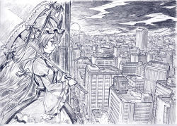 1girl city contemporary dress female_focus graphite_(medium) greyscale hat monochrome outdoors sakino_shingetsu scenery sky solo touhou traditional_media umbrella urban yakumo_yukari