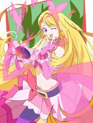 Rule 34 | 1girl, belt bow, blonde hair, bow, bow skirt, braid, brooch, butterfly brooch, butterfly earrings, butterfly hat, butterfly hat ornament, cure butterfly, earrings, gloves, hat, hat ornament, highres, hirogaru sky! precure, jewelry, long hair, looking at viewer, magical girl, midriff, navel, one eye closed, orange hair, pantyhose, pink hat, pink skirt, precure, purple eyes, purple pantyhose, shirt, single leg pantyhose, skirt, smile, solo, very long hair, wing brooch, yoshiyama yuu