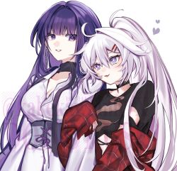 +_+ 2girls ahoge alternate_costume artist_name black_choker black_shirt blue_eyes blunt_bangs breasts choker cleavage collarbone collared_shirt couple crop_top earrings hair_between_eyes hair_down hair_ornament hairclip head_tilt heart high_ponytail highres honkai_(series) honkai_impact_3rd jewelry kakekawaimi kiana_kaslana kiana_kaslana_(herrscher_of_finality) large_breasts leaning_on_person leaning_to_the_side locked_arms long_hair long_sleeves looking_at_another looking_to_the_side multicolored_eyes multiple_girls off_shoulder official_alternate_costume open_clothes open_shirt parted_lips ponytail purple_eyes purple_hair purple_pupils raiden_mei raiden_mei_(apho) scarf shirt short_sleeves simple_background smile standing teeth tongue tongue_out twitter_username upper_body watermark white_background white_hair yuri
